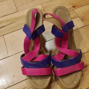 Pink and purple strappy wedge